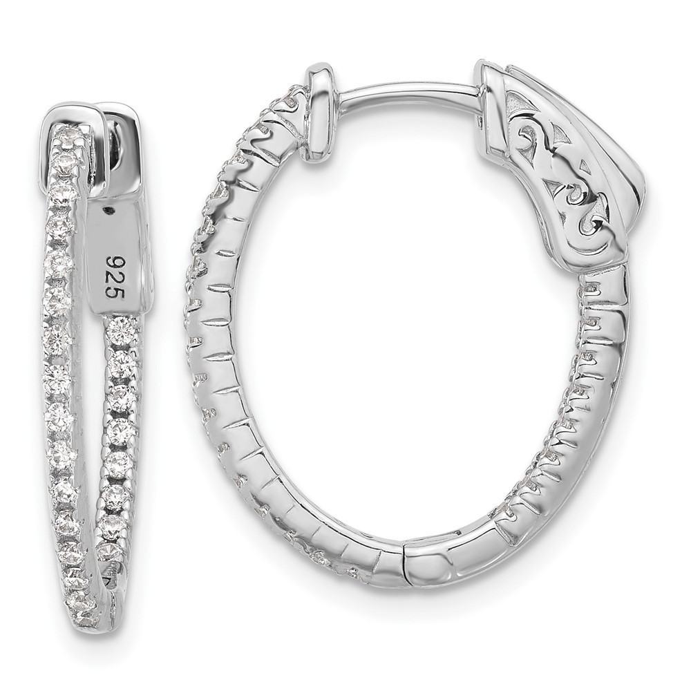925 Sterling Silver 1.3mm Cz 48 Stone Oval In And Out Hinged Oval Hoop Earrings